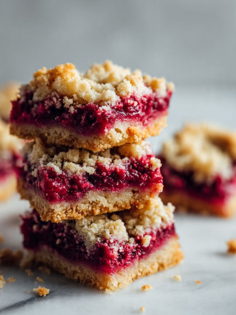 Stack of three raspberry crumble bars on marble showing clean cut edges and three-layer interior of shortbread, raspberry filling, and crumble