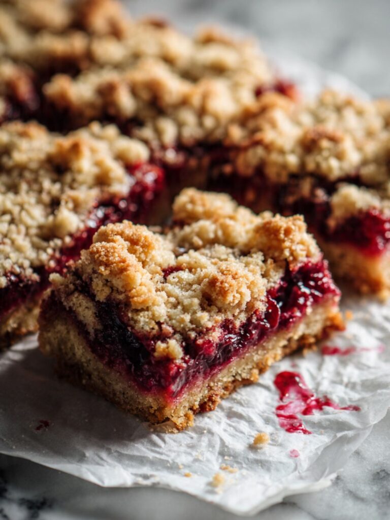 Raspberry crumble bars on white parchment paper showing golden oat crumble topping and deep ruby jammy raspberry filling