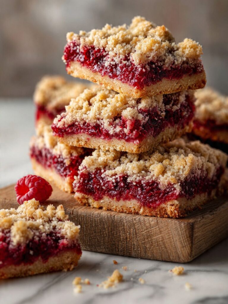 Raspberry crumble bars stacked on a wooden board with a fresh raspberry beside them showing golden crumble topping and ruby filling