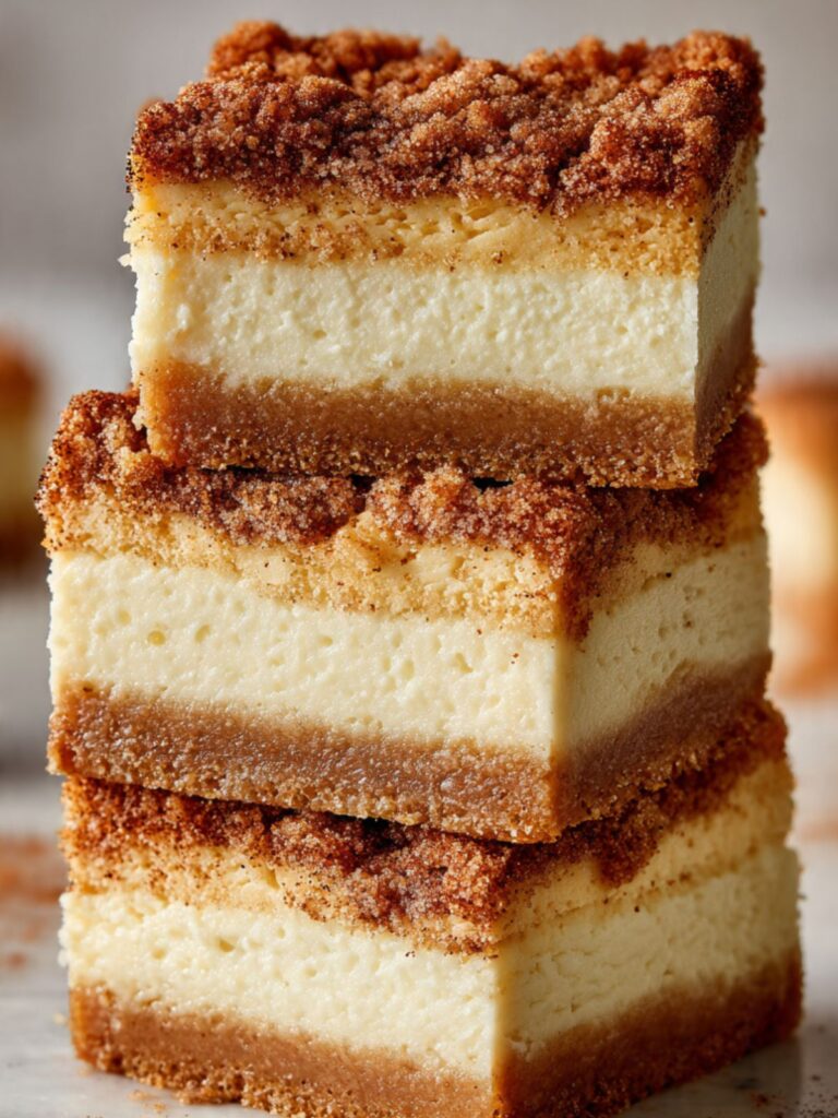 Snickerdoodle cheesecake bars stacked three high showing golden crust, ivory cheesecake, cinnamon interface, and mahogany streusel layers