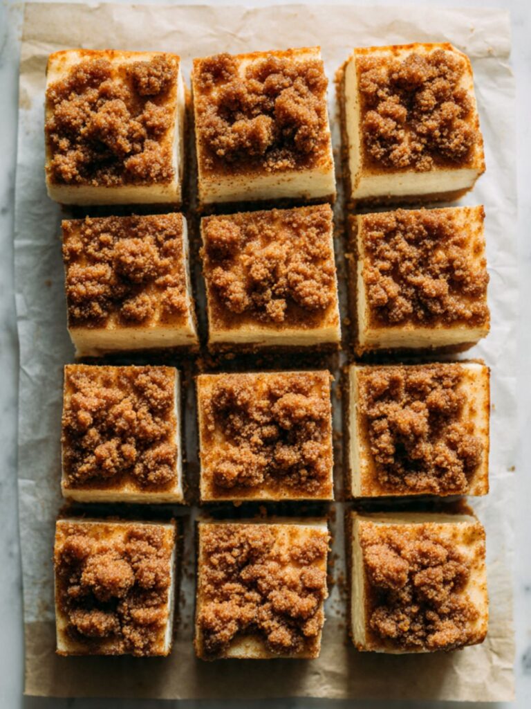 Overhead view of 12 snickerdoodle cheesecake bars arranged in a 3x4 grid on parchment paper showing even streusel coverage
