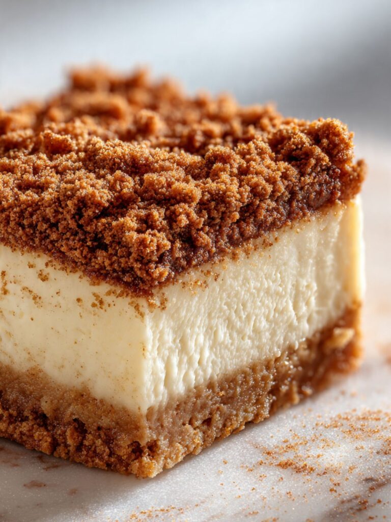 Close-up of a snickerdoodle cheesecake bar showing mahogany cinnamon streusel clusters and smooth ivory cheesecake filling