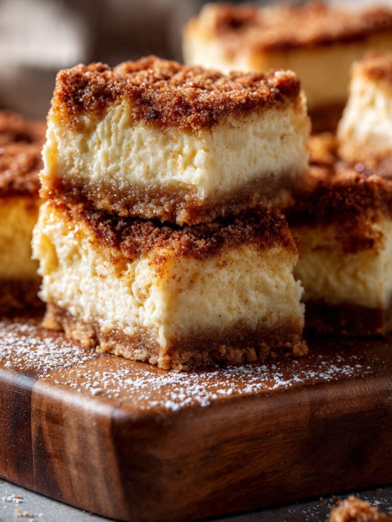 Two snickerdoodle cheesecake bars stacked on a dark wood board with optional powdered sugar dusting on the surface