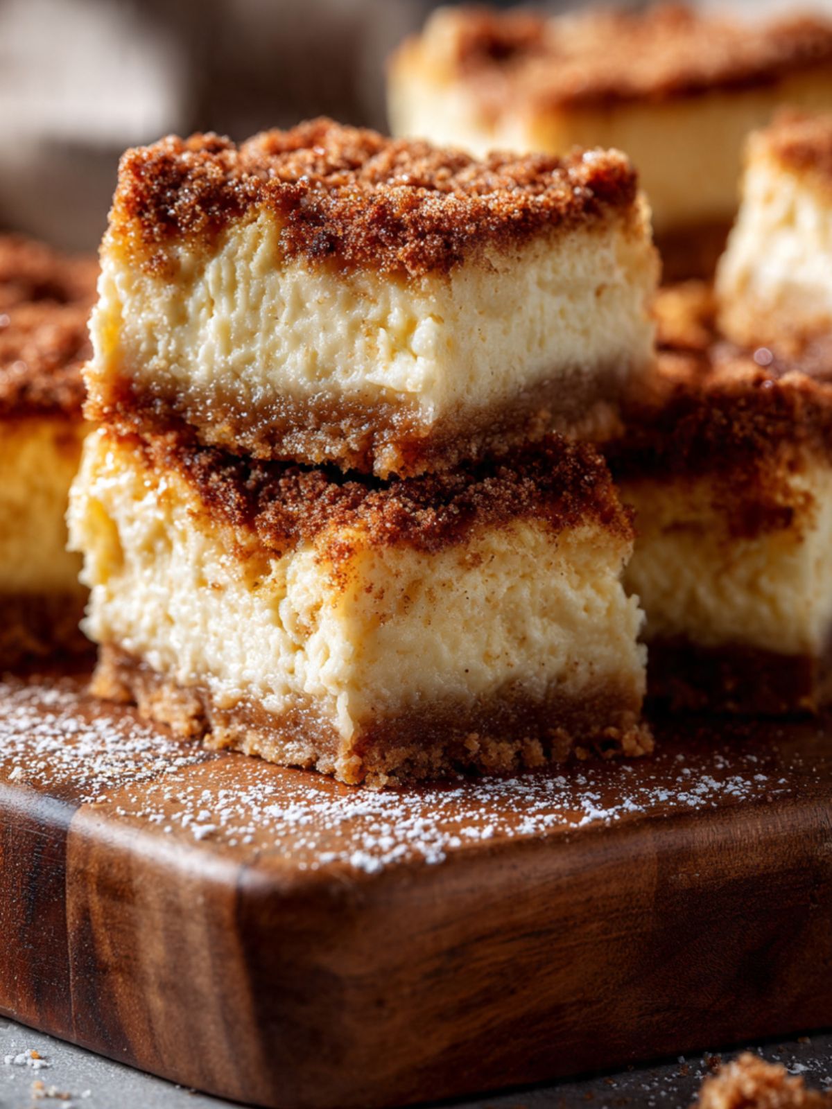 Two snickerdoodle cheesecake bars stacked on a dark wood board with optional powdered sugar dusting on the surface