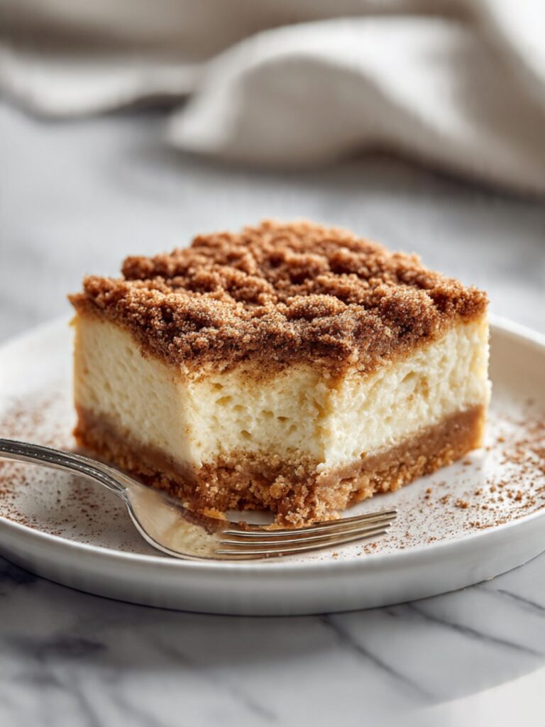 Single snickerdoodle cheesecake bar on a white ceramic plate with a fork on marble surface showing cinnamon streusel topping