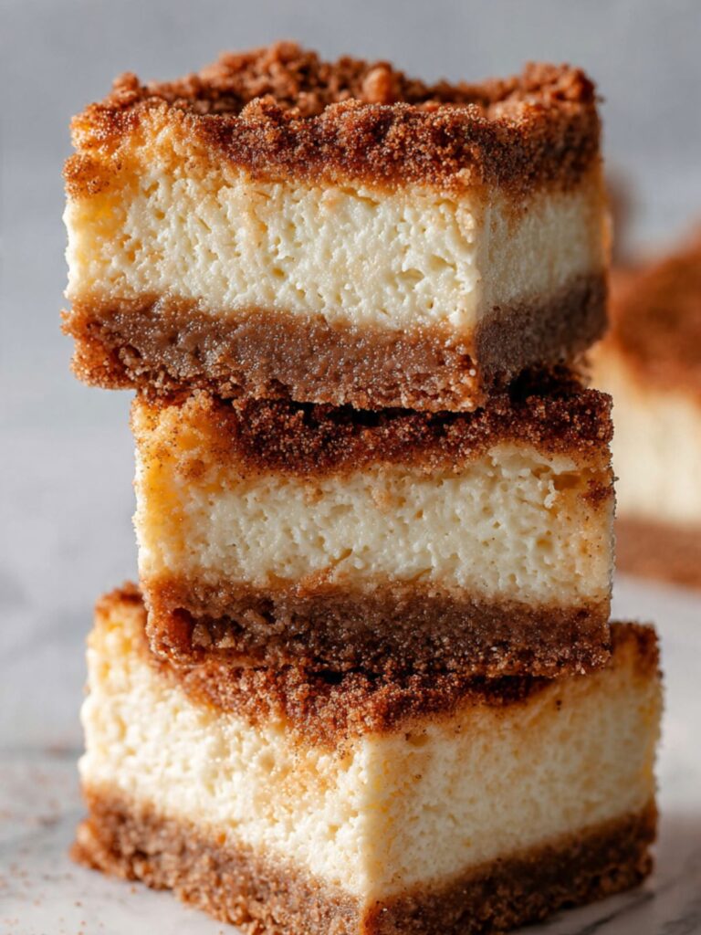 Three snickerdoodle cheesecake bars stacked on grey surface showing cinnamon streusel topping and golden snickerdoodle crust base