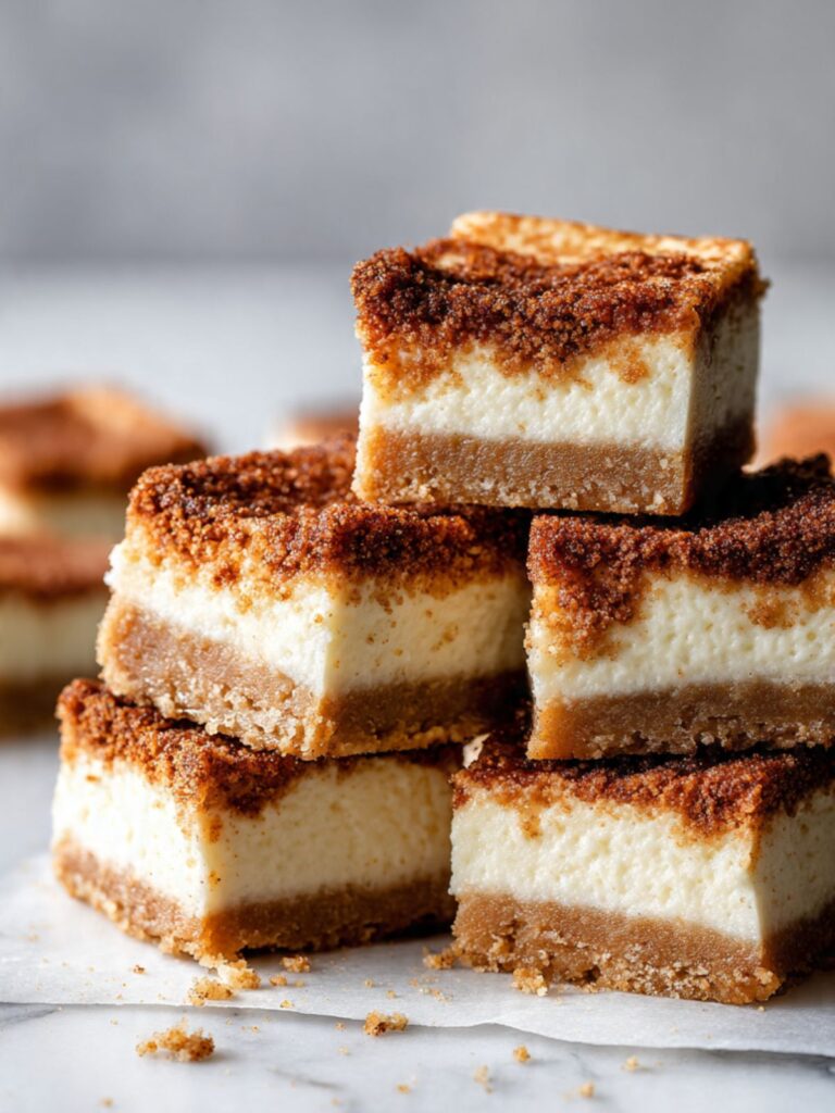 Snickerdoodle cheesecake bars in an asymmetric stack on marble showing four distinct layers from golden crust to cinnamon streusel