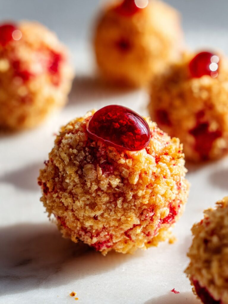 Strawberry cheesecake crunch bite with glossy jam dollop on top, golden and crimson crumb coating on marble
