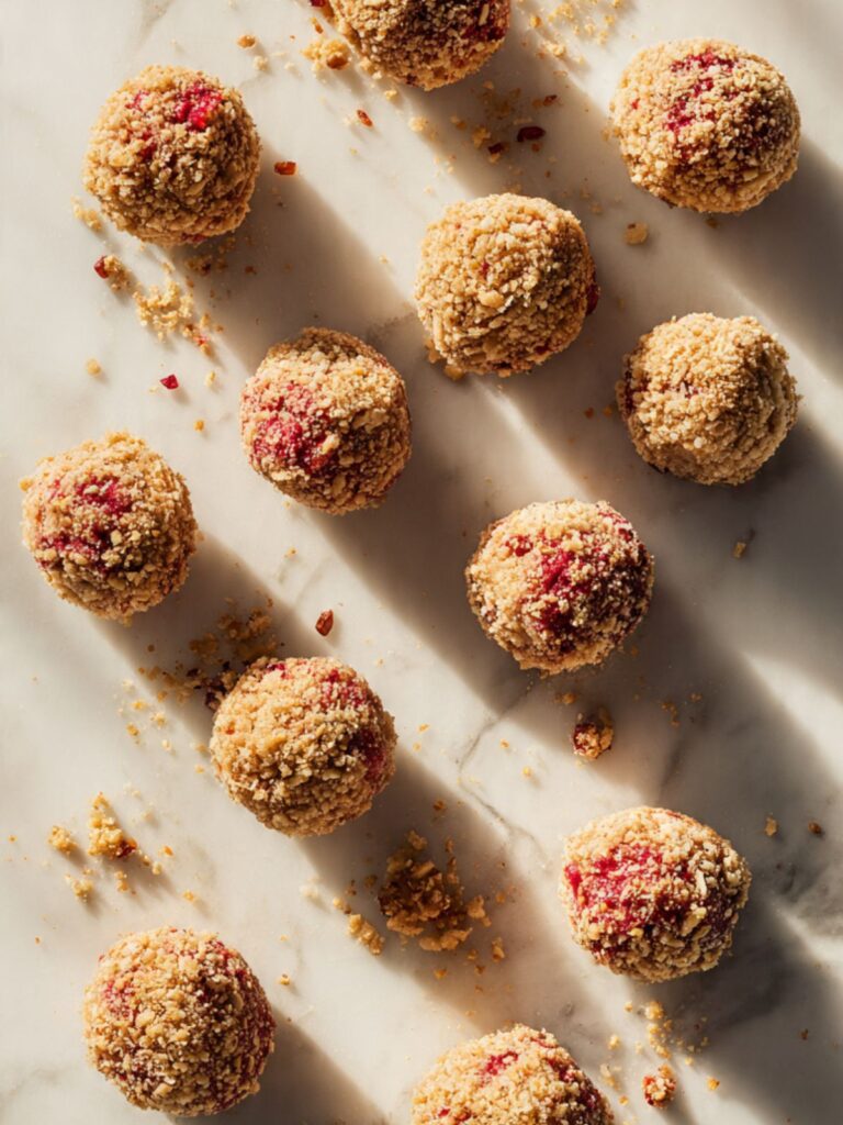 Strawberry cheesecake crunch bites scattered on marble showing full batch with golden oreo and freeze-dried strawberry coating