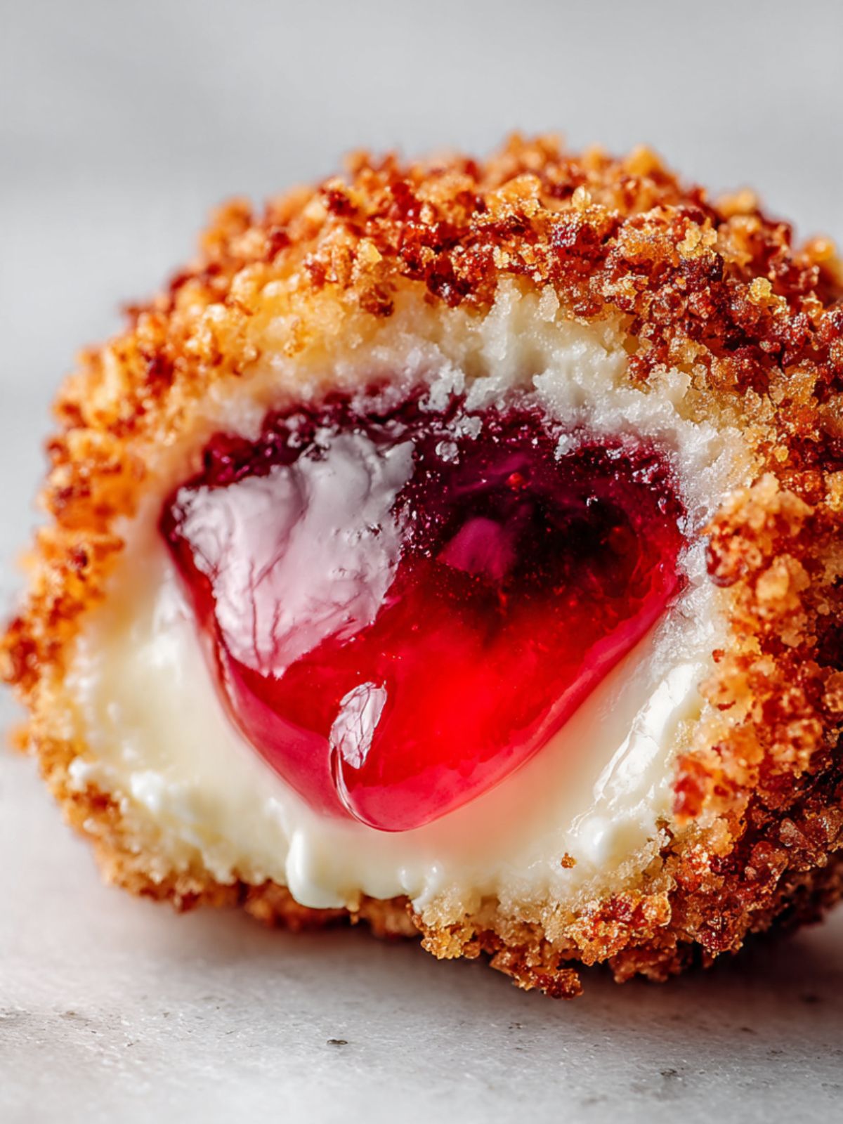 Strawberry cheesecake crunch bite cut open showing liquid ruby jam center surrounded by white cream cheese wall and golden crumb crust