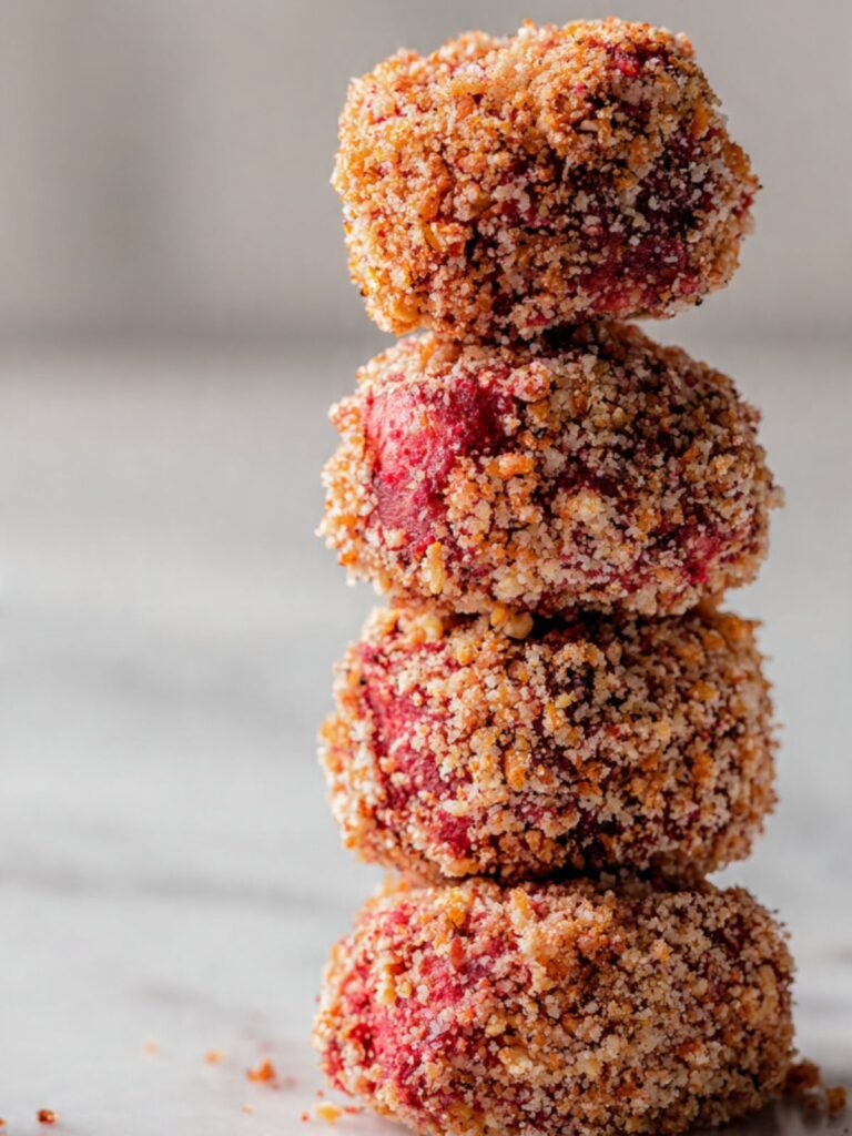 Strawberry cheesecake crunch bites stacked in a tower showing the full crimson-streaked golden crunch coating