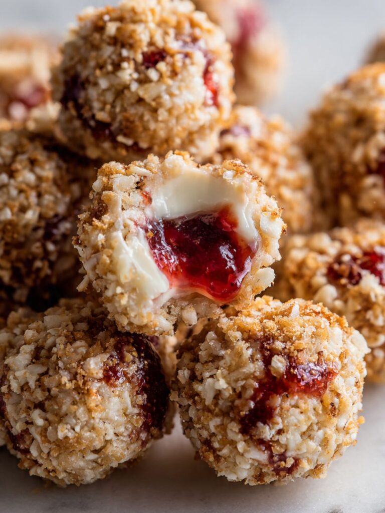 No-bake strawberry cheesecake bites piled together with one broken open showing the cream cheese filling and strawberry jam center
