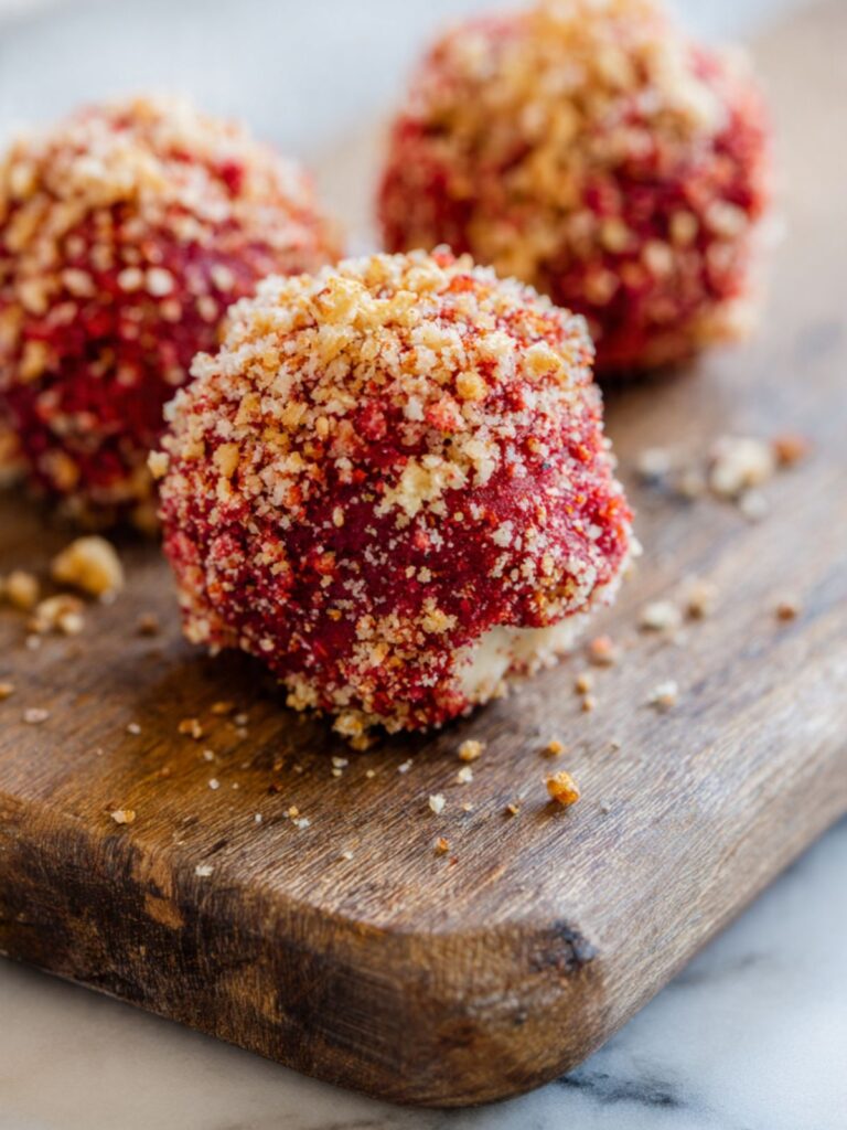 Strawberry cheesecake crunch bites on a rustic wood board showing vivid red freeze-dried strawberry crunch coating