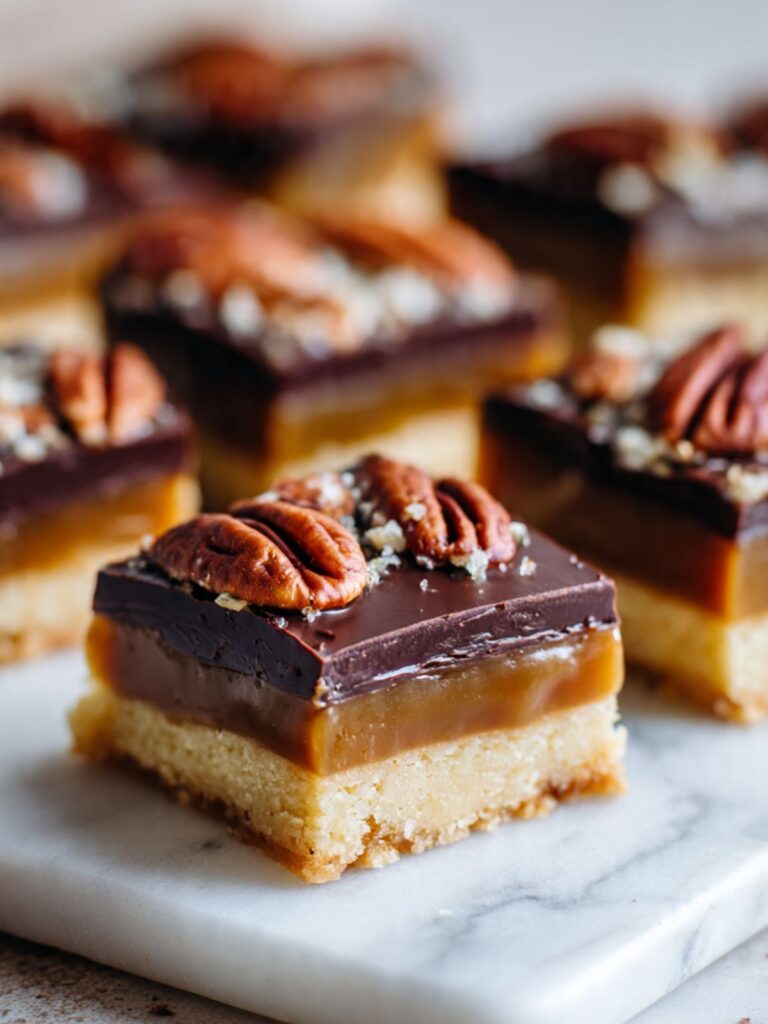 turtle bars with shortbread base caramel layer dark chocolate ganache and toasted pecan halves on white marble