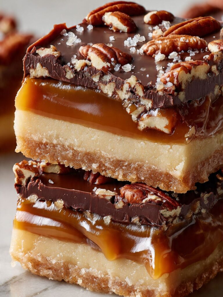 stacked turtle bars cross section showing shortbread caramel and chocolate ganache layers with Maldon sea salt
