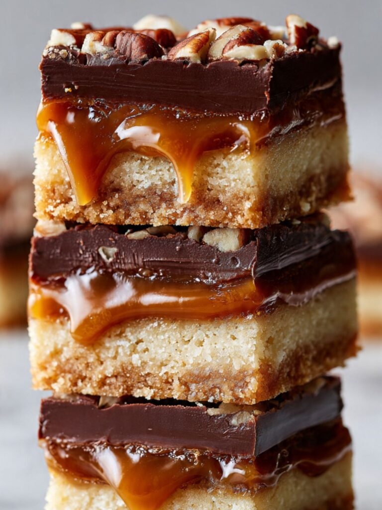 turtle bars cut into squares showing three distinct layers of shortbread caramel and dark chocolate