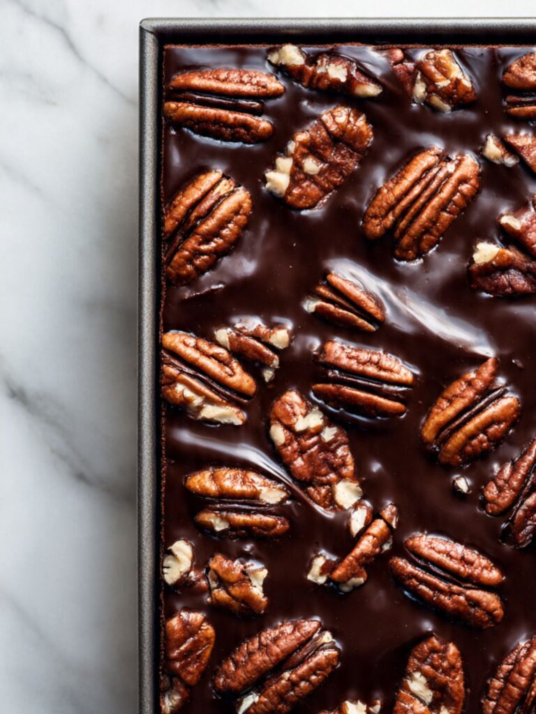 turtle bars in pan before cutting with whole toasted pecan halves pressed into dark chocolate ganache
