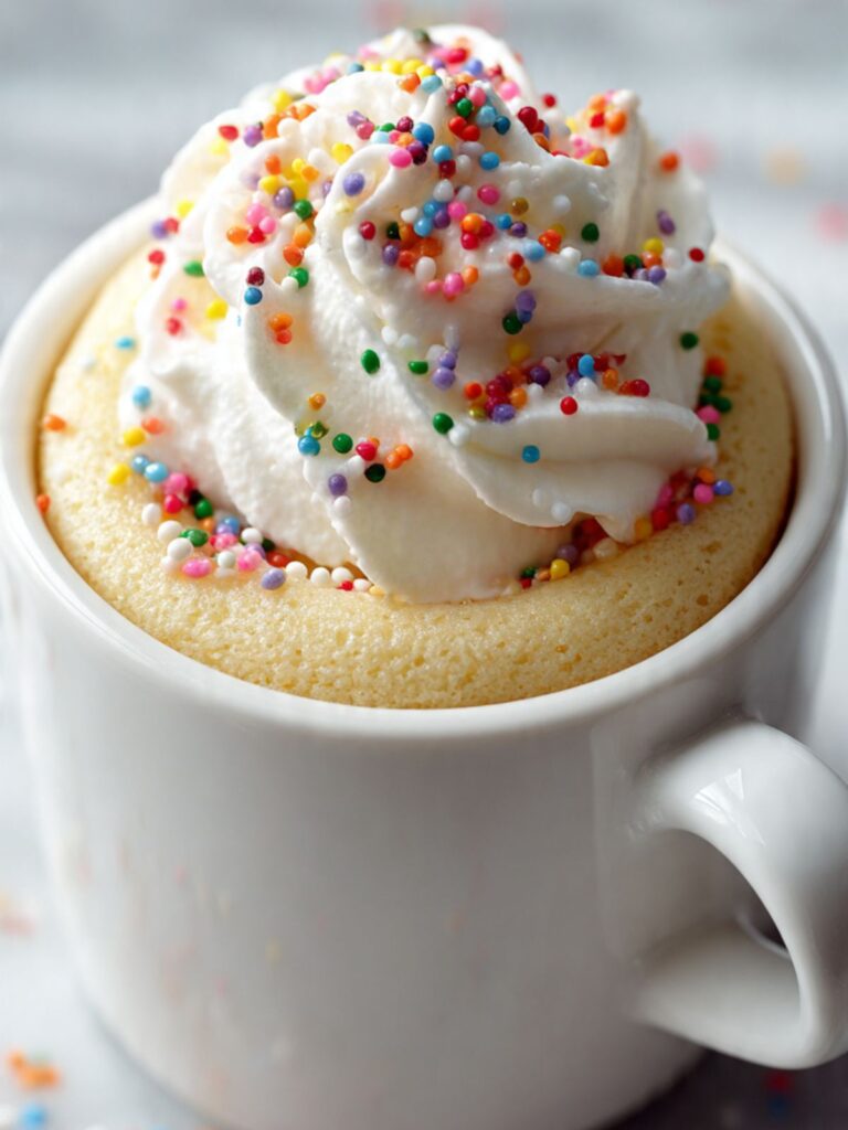 vanilla mug cake with whipped cream and rainbow sprinkles in white ceramic mug, close-up overhead