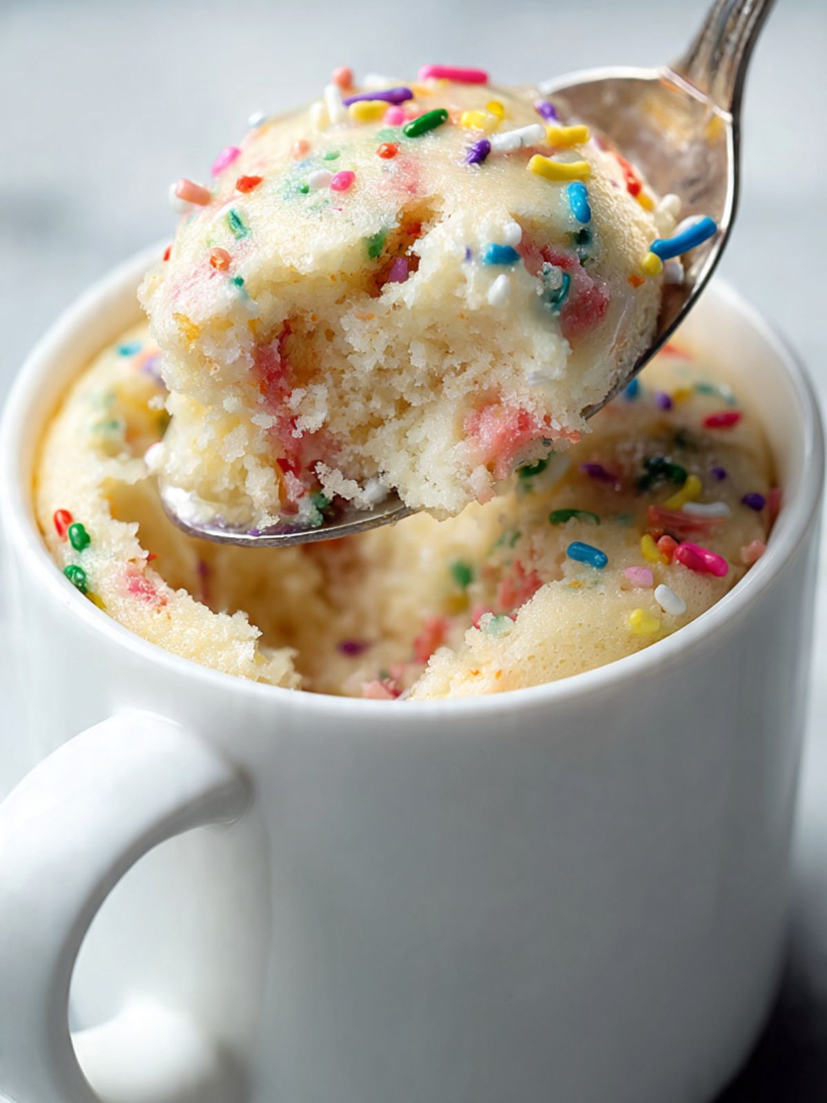 vanilla mug cake interior crumb shown on spoon with rainbow sprinkle streaks, funfetti texture