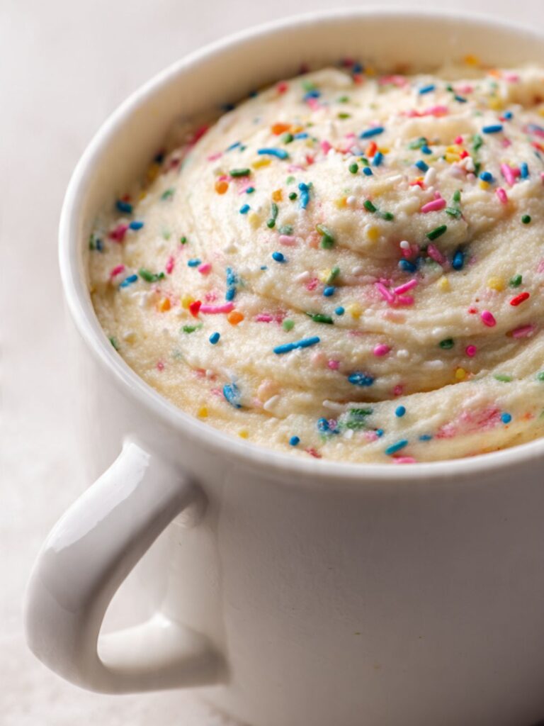 vanilla mug cake batter with rainbow jimmies folded in before microwaving, thick batter consistency