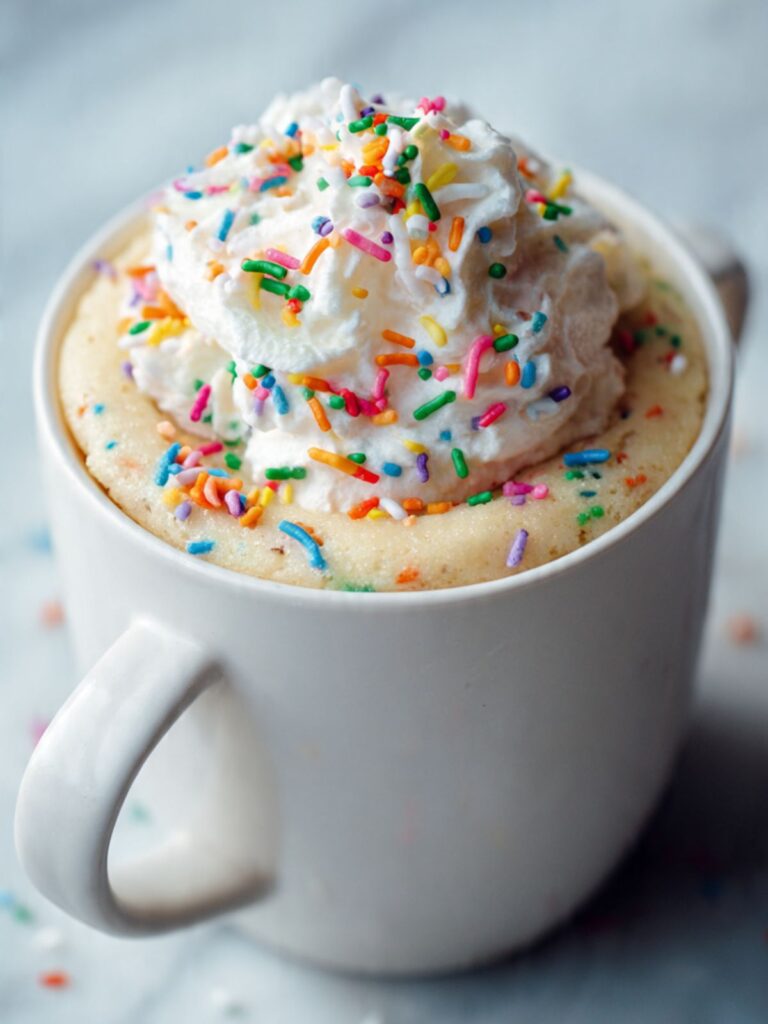 vanilla mug cake topped with whipped cream and jimmies sprinkles in white mug, finished result