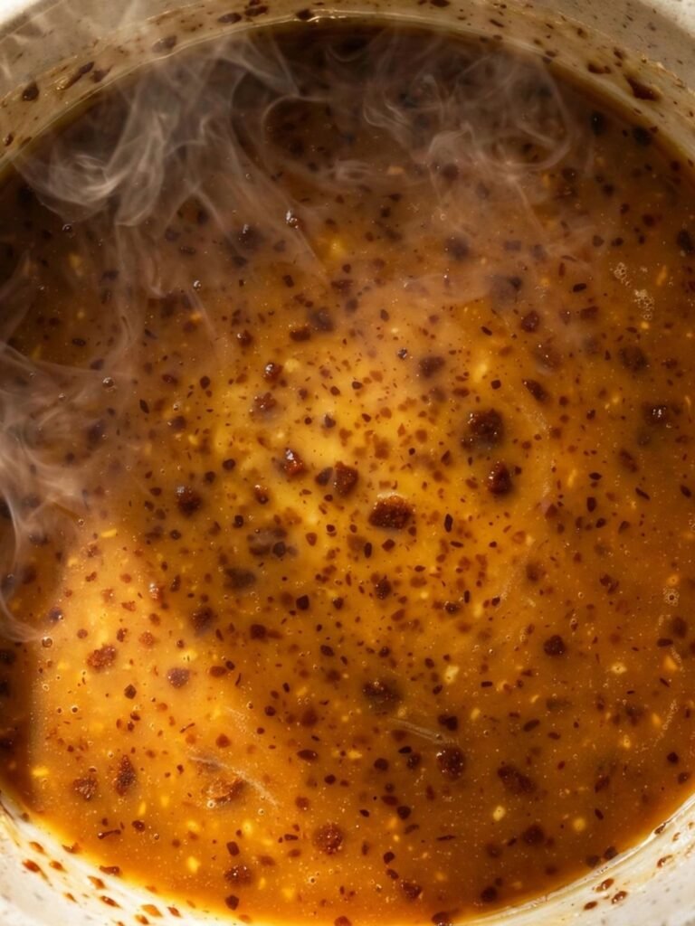 Freshly browned butter poured into a mixing bowl showing deep amber liquid with dark golden-brown milk solid flecks