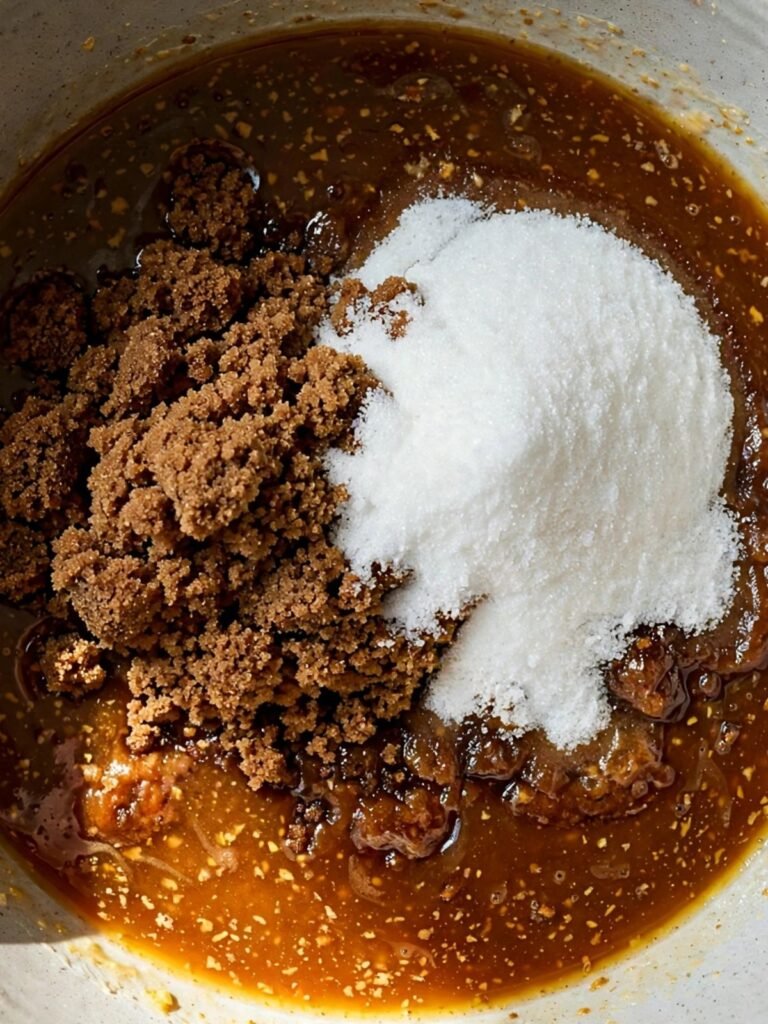 Packed dark brown sugar and granulated sugar poured over cooled brown butter in a large mixing bowl before stirring