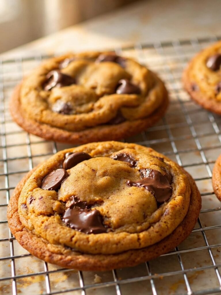 Brown butter pumpkin chocolate chip cookies cooling on a silver wire rack, edges set and centers soft, chocolate chips glossy