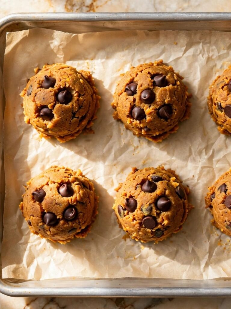 Portioned brown butter pumpkin cookie dough balls on parchment with chocolate chips pressed on top before baking