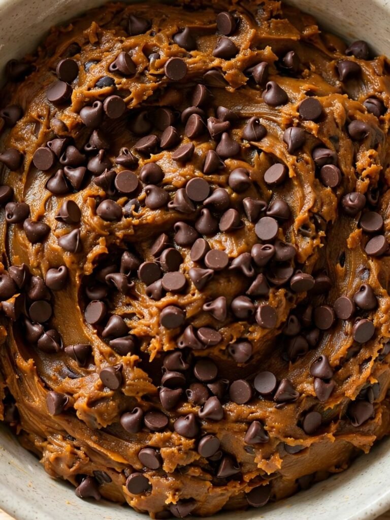 Completed brown butter pumpkin chocolate chip cookie dough in a mixing bowl with semi-sweet chocolate chips evenly distributed