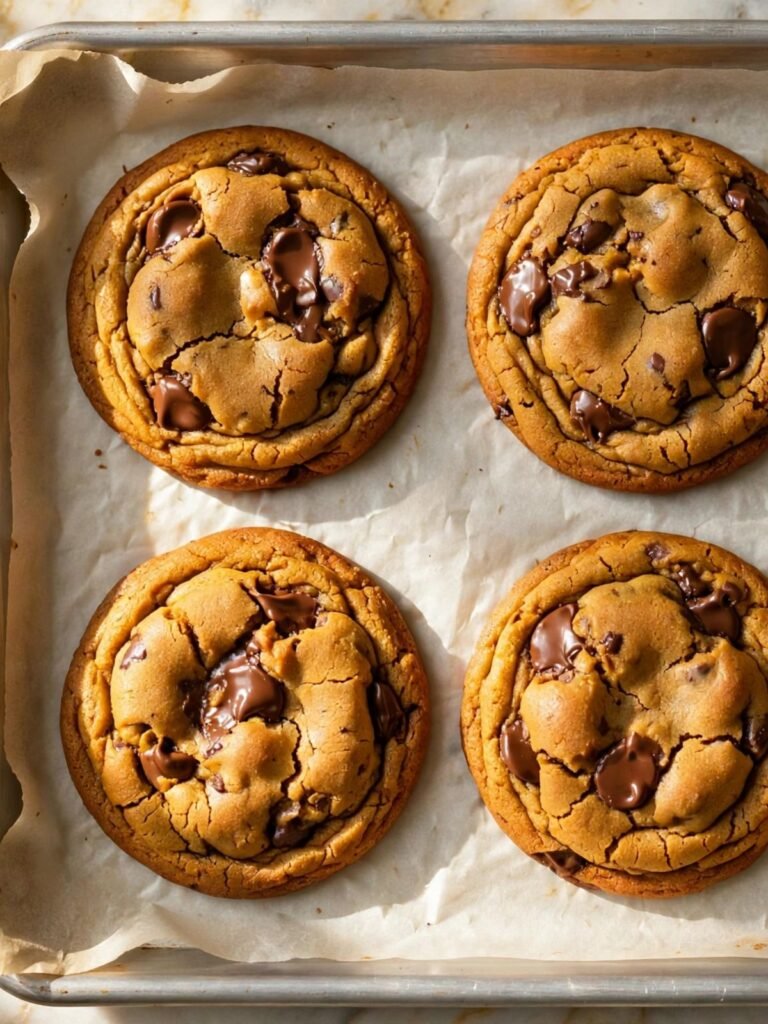 Brown butter pumpkin chocolate chip cookies just pulled from the oven showing set edges and slightly puffy underdone centers