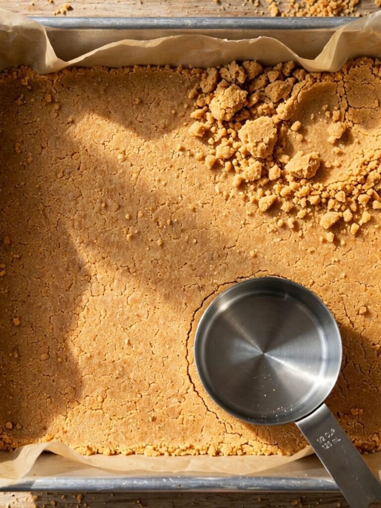 Graham cracker crust being pressed into parchment-lined 9x13 pan with flat-bottomed measuring cup, slightly uneven edges