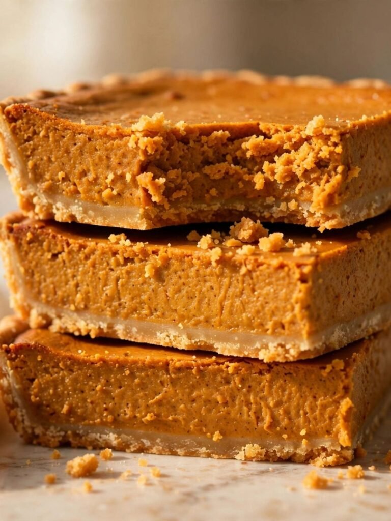 Pumpkin pie bars stacked on white marble, golden graham cracker crust visible on bottom, smooth orange filling on top