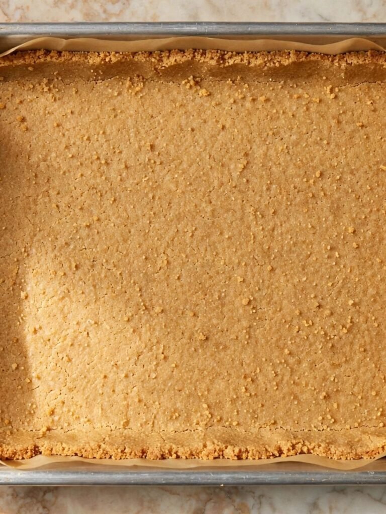 Lightly golden pre-baked graham cracker crust in parchment-lined 9x13 pan, edges slightly darker, viewed from above