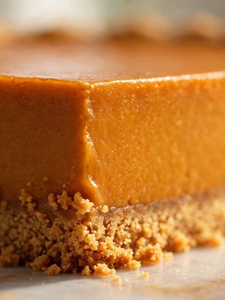 Close-up cross-section of pumpkin pie bar showing dense smooth orange custard filling above golden graham cracker crust