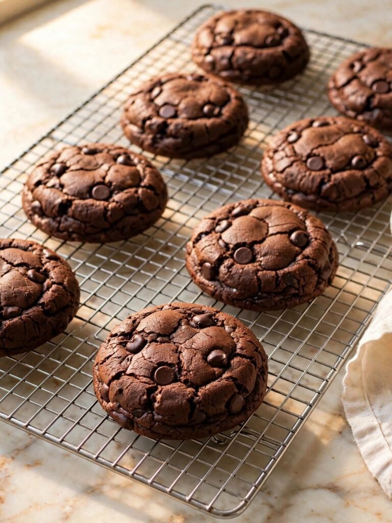 Double chocolate Oreo stuffed cookies cooling on a wire rack before decorating