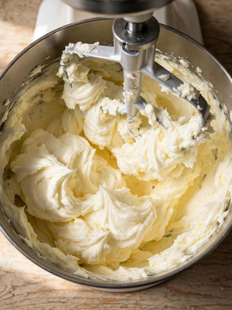 Pale fluffy creamed butter and brown sugar in a mixing bowl for chocolate cookie dough