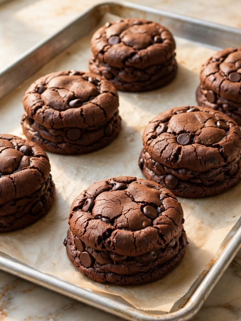 Freshly baked double chocolate Oreo stuffed cookies on a baking sheet with crackled tops