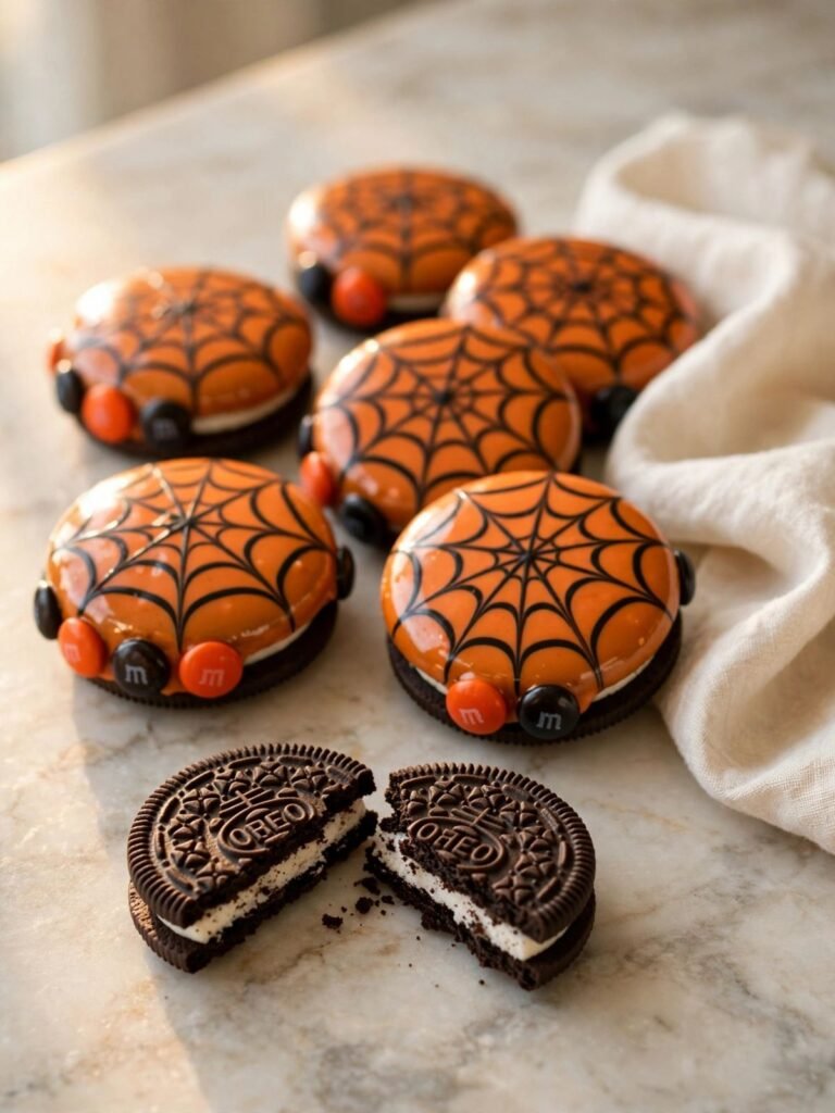 Halloween Oreo cookies with orange and black spiderweb candy coating and M&Ms
