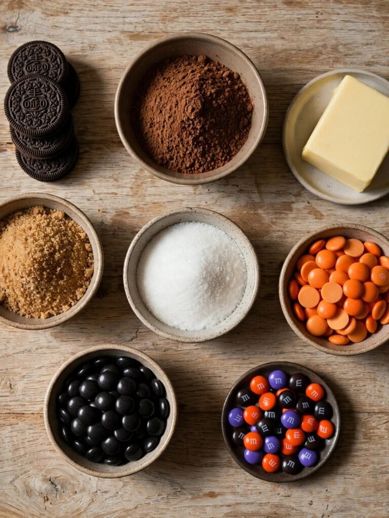Ingredients for Halloween Oreo cookies including whole Oreos, cocoa, and candy melts laid out