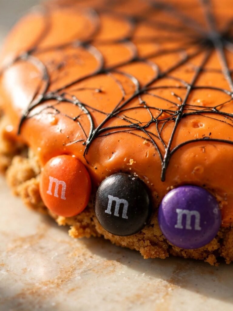 Halloween M&Ms pressed into wet orange and black spiderweb candy coating