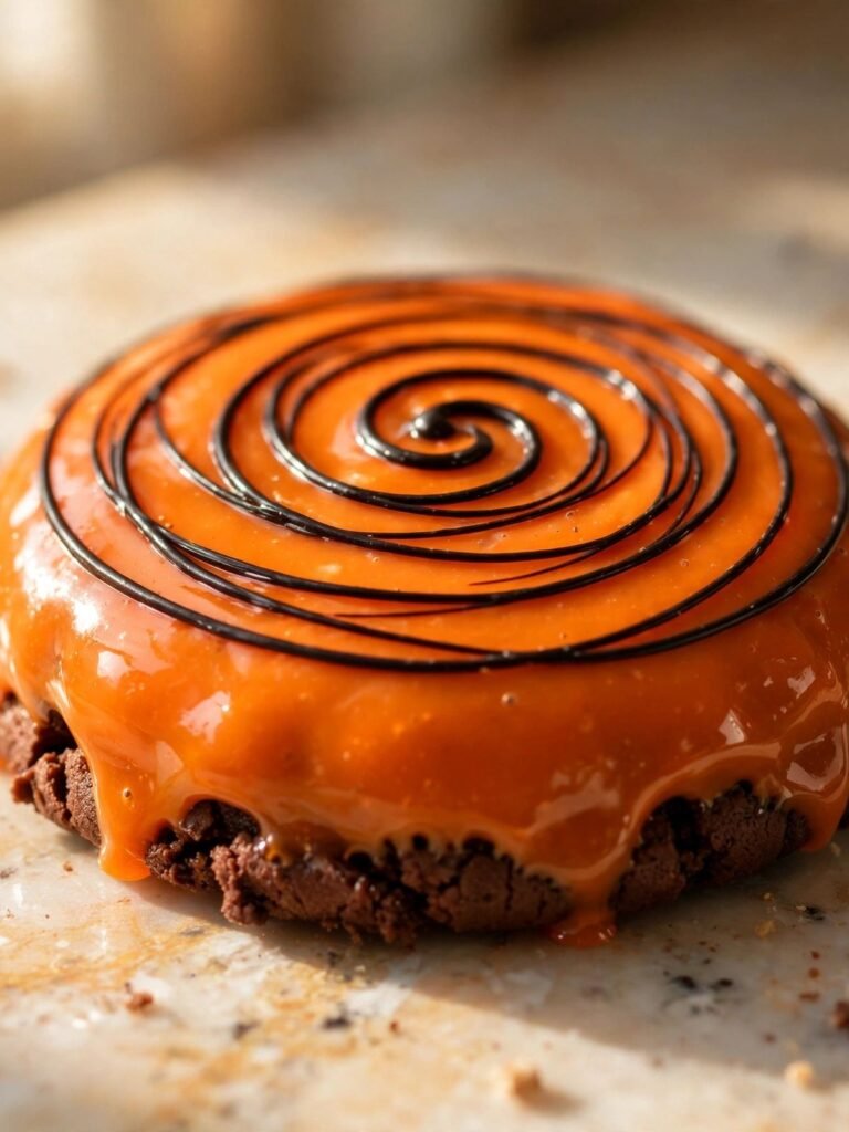 Black candy melt being drizzled into a web pattern over orange coated Halloween cookies