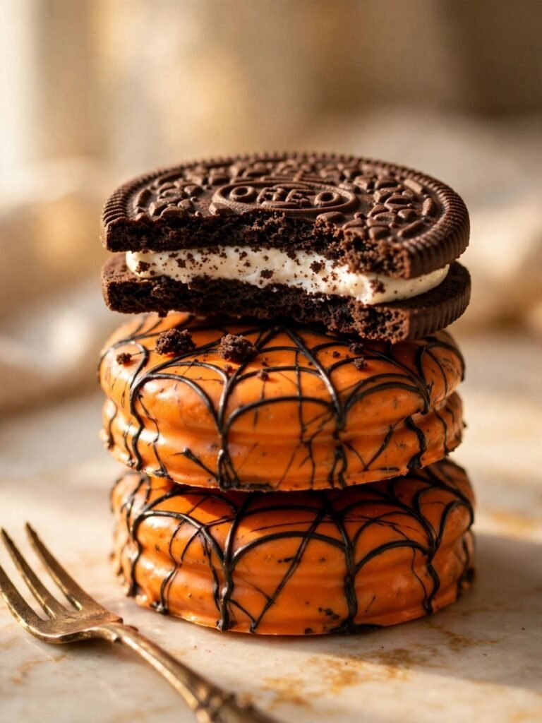 Stack of three Halloween Oreo cookies with the top cookie broken open