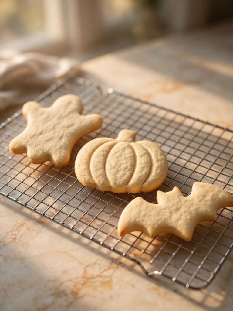 Undecorated Halloween sugar cookies cooling on a silver wire rack before royal icing is applied