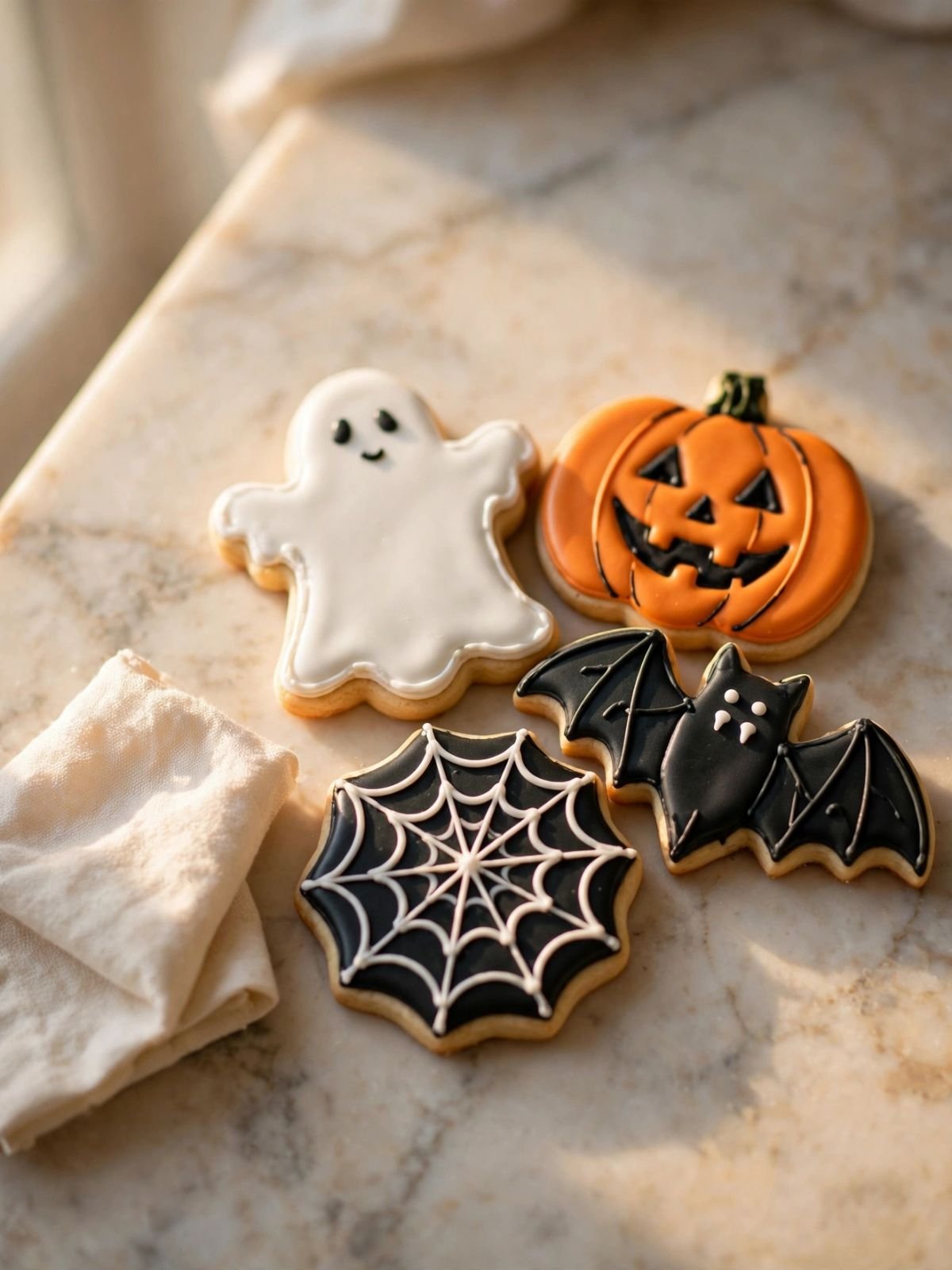 Decorated Halloween sugar cookies with glossy black, orange, and white royal icing on a marble counter