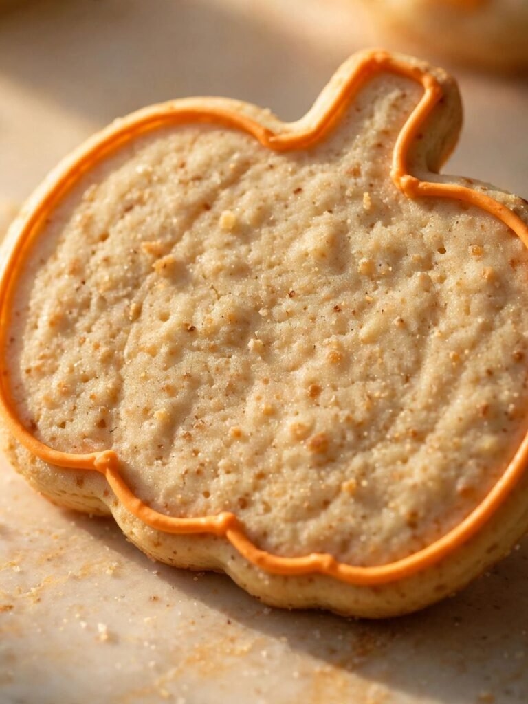 Thin black royal icing outline piped around the border of a pumpkin shaped sugar cookie