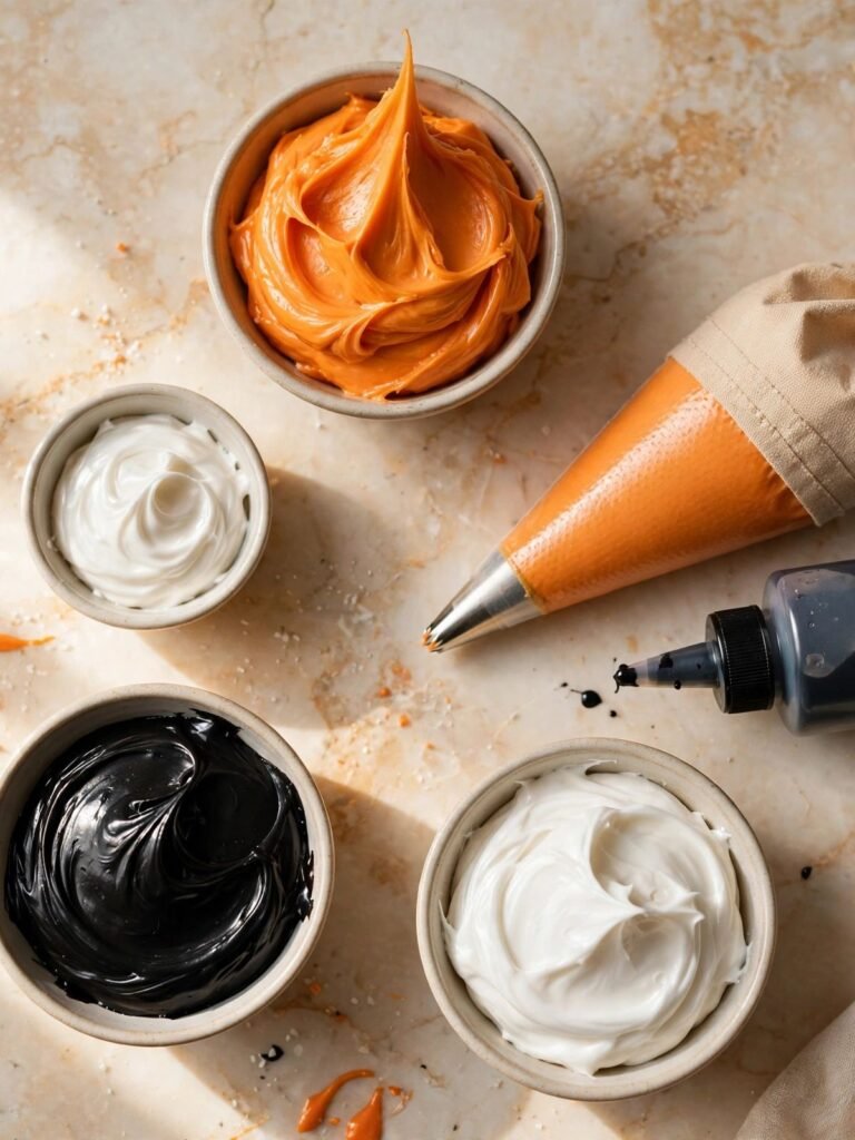 Bowls of thick and thinned royal icing in orange and black for decorating Halloween sugar cookies