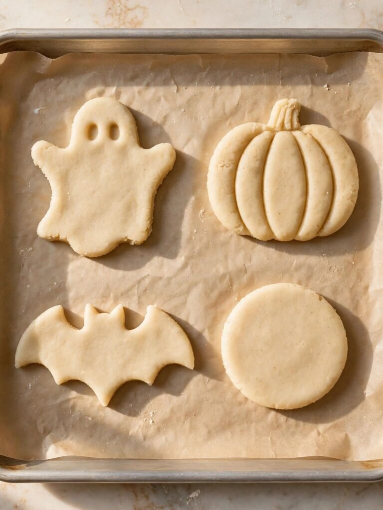 Unbaked ghost, pumpkin, and bat sugar cookie shapes spaced on a parchment-lined baking sheet