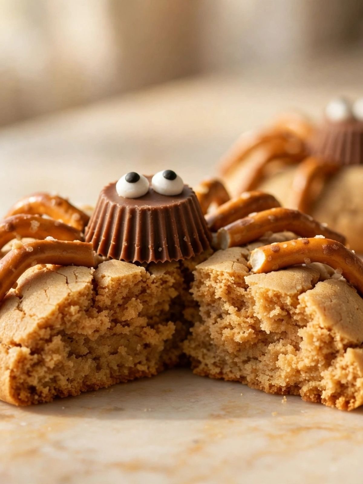 Close-up of a peanut butter spider cookie broken in half showing a soft, chewy interior