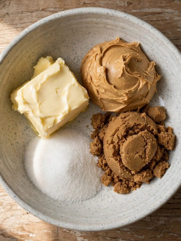 Butter, peanut butter, and brown sugar in a mixing bowl before creaming for spider cookies